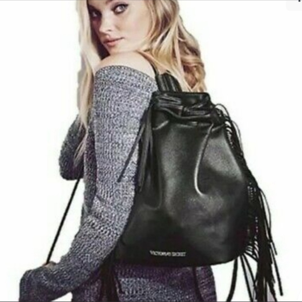 Victoria's Secret bohemian black faux vegan leather fringe backpack